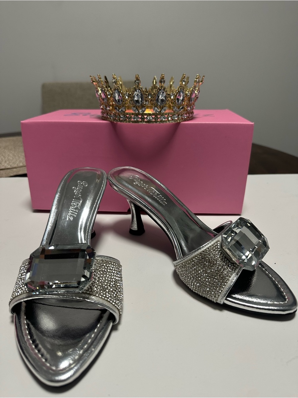 Silver Crystal-Embellished Slide Heels